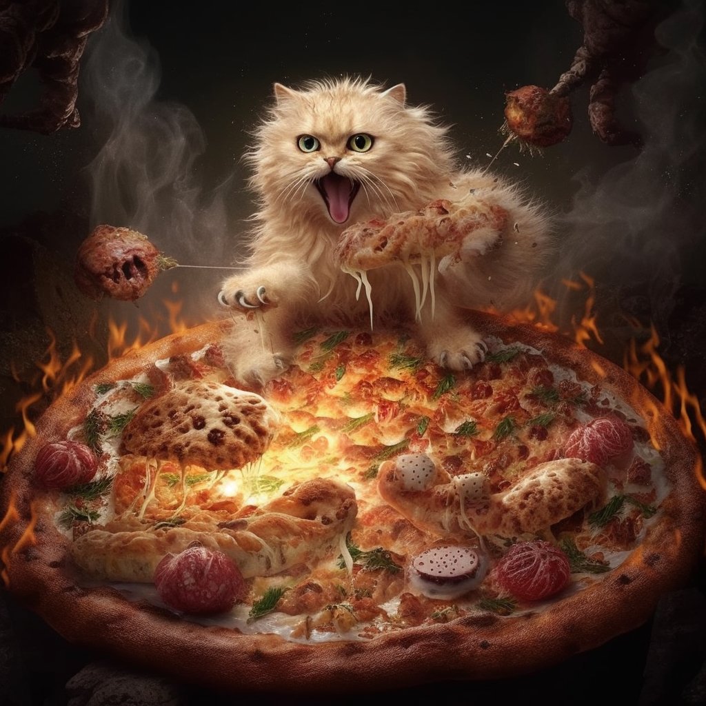 pizzacatnocap's tweet image. 🍕🔥 &quot;Can you handle the heat? The Inferno, our spiciest pizza yet, has landed. This fiery delight is not for the weak! Let&apos;s see who&apos;s brave enough to conquer the heat! #InfernoChallenge #PizzaCat #AIArtworks #Midjourney