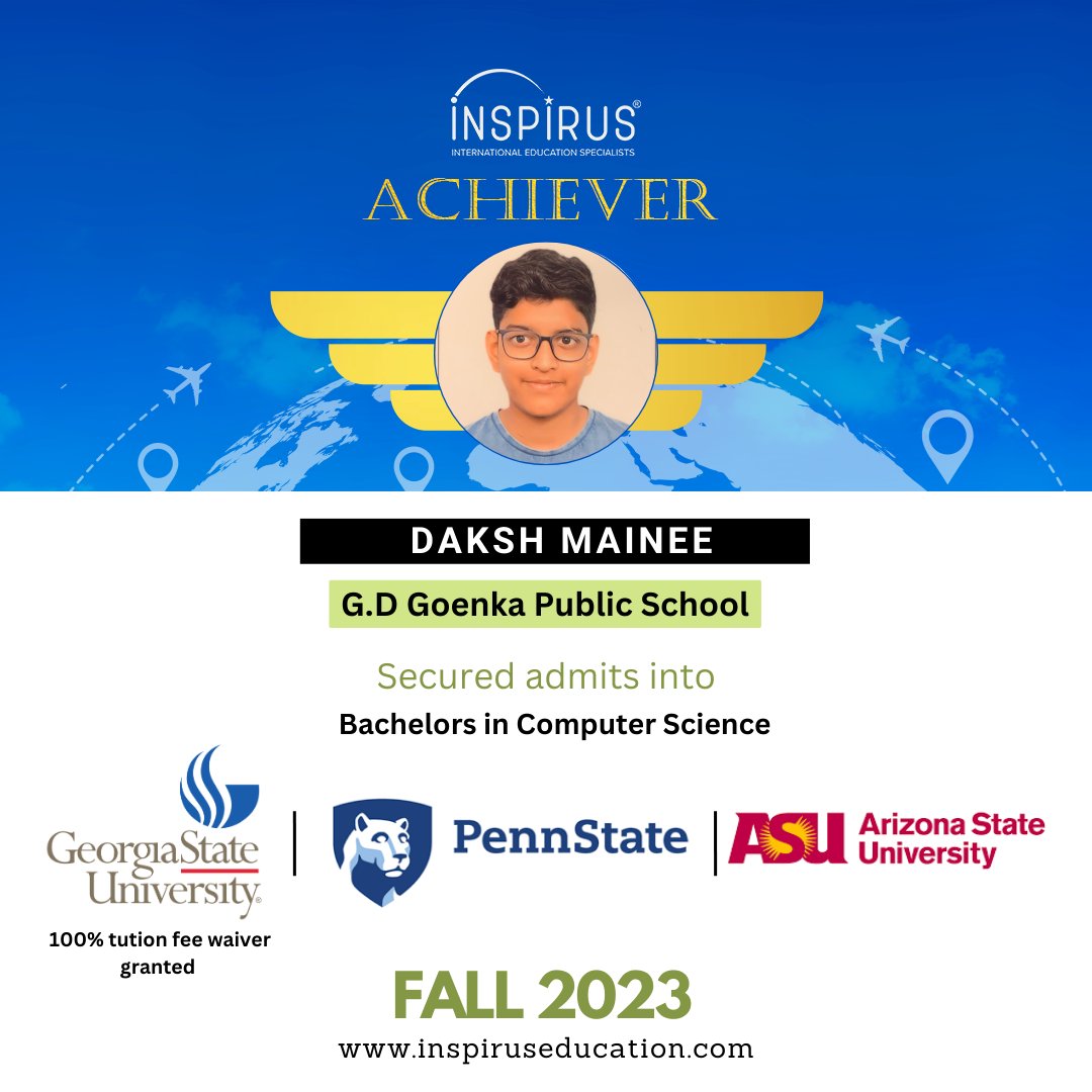 Daksh Mainee, our student has secured admit to Georgia State University, Penn State University  and Arizona State University for Fall 23.

#studyabroad #overseaseducation #BachelorsInComputerScience #abroadstudies  #fall2023 #universityadmissions #Intakes2023 #topuniversities