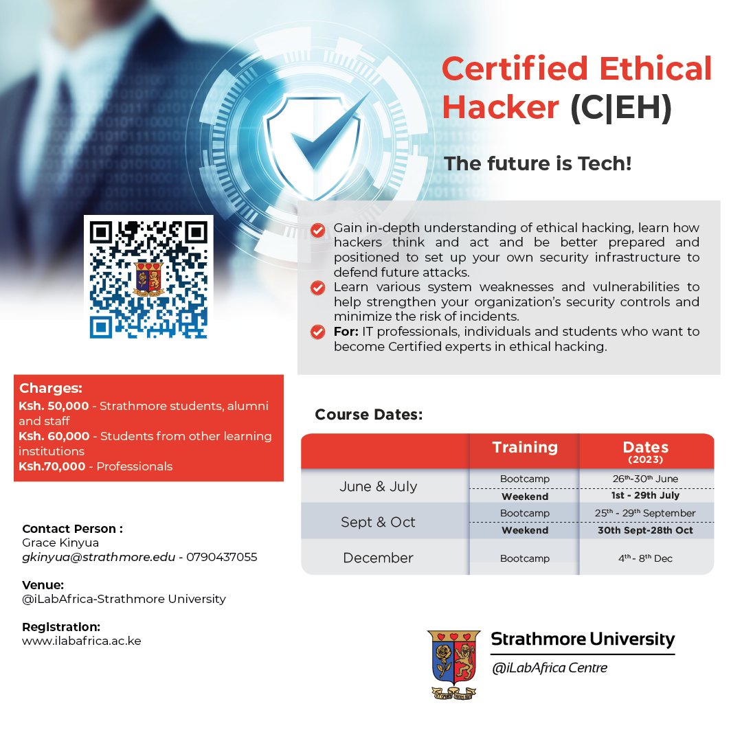 iLabAfrica's tweet photo. How do hackers think and act?  

Join the CEH Course and set up your own security infrastructure and defend yourself against future attacks. 

Starting Date: June 26th
To Register: https://t.co/o5Hoz8Ywr7

#ethicalhacking #cybersecurity #CEHTraining https://t.co/4yASFJcD8h
