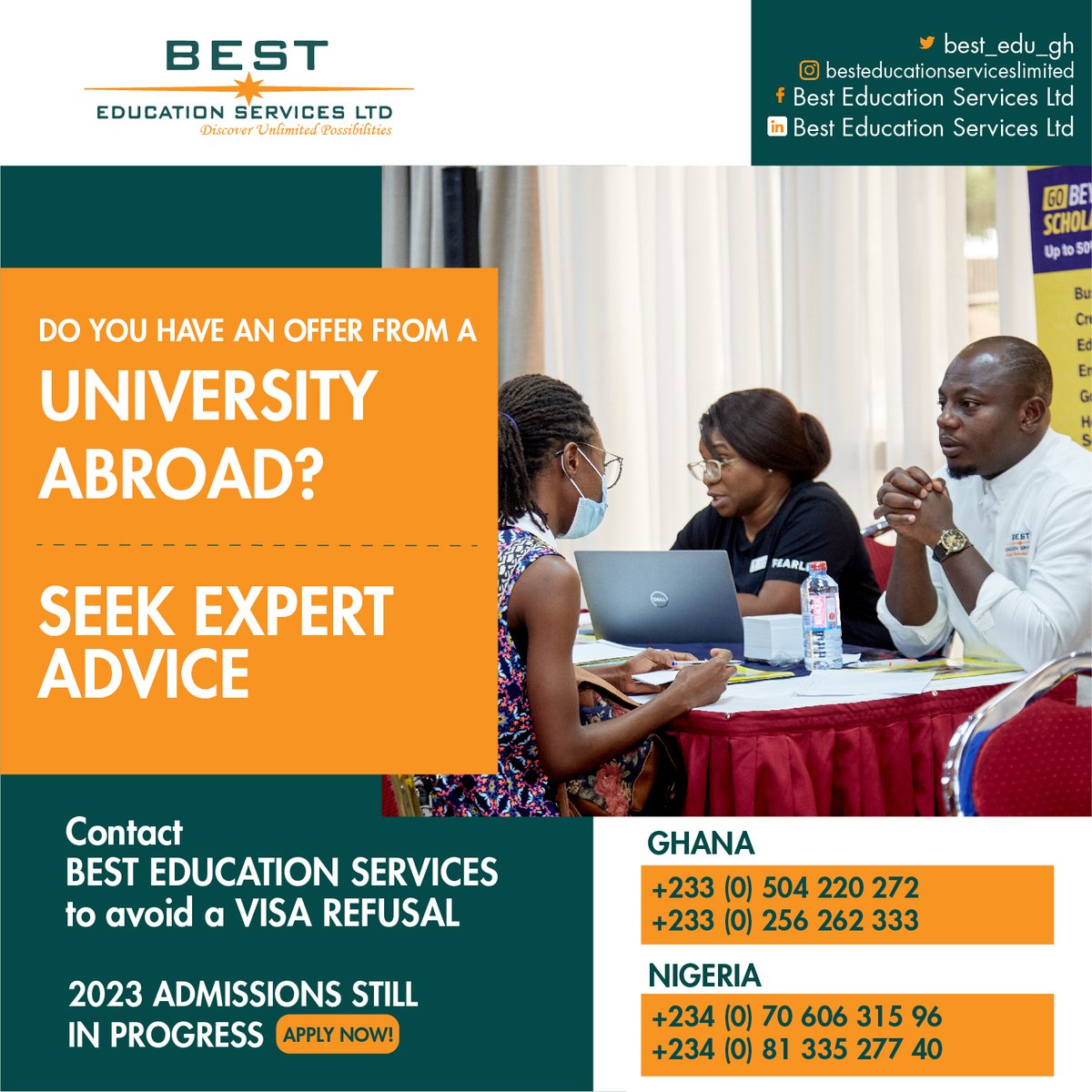 Are you looking at applying for a Student Visa? Seek expert advice.

Contact Us for more information: +233 (0) 504 220 272

.
#besteducationservices #visaconsultants #studyvisa #studyinuk #studyincanada #studyaustralia #studyinusa #studyingermany #studyabroad #ghana #visaservices