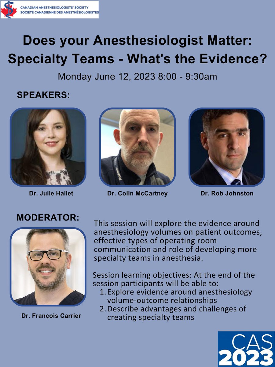 Angela Jerath MD, MSc (@propelresearch) on Twitter photo 2 weeks to Canadian Anesthesia Meeting in beautiful Quebec #CASAM2023.
Join us for a session on specialty teams Jun 12 with <a href="/HalletJulie/">Julie Hallet</a> <a href="/colinjmccartney/">Colin J.L. McCartney</a> + Rob Johnston, moderated by @Fm_carrier
<a href="/Sunnybrook/">Sunnybrook Health Sciences Centre</a> <a href="/chumontreal/">CHUM</a> <a href="/CMPAmembers/">Canadian Medical Protective Association</a> <a href="/UofTanesthesia/">Department of Anesthesiology & Pain Medicine</a> <a href="/UofTSurgery/">U of T Department of Surgery</a> 2 weeks to Canadian Anesthesia Meeting in beautiful Quebec #CASAM2023.
Join us for a session on specialty teams Jun 12 with <a href="/HalletJulie/">Julie Hallet</a> <a href="/colinjmccartney/">Colin J.L. McCartney</a> + Rob Johnston, moderated by @Fm_carrier
<a href="/Sunnybrook/">Sunnybrook Health Sciences Centre</a> <a href="/chumontreal/">CHUM</a> <a href="/CMPAmembers/">Canadian Medical Protective Association</a> <a href="/UofTanesthesia/">Department of Anesthesiology & Pain Medicine</a> <a href="/UofTSurgery/">U of T Department of Surgery</a>