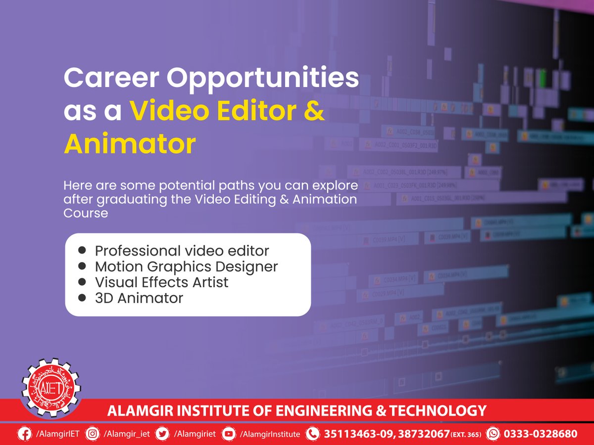 A Video Editing & Animation course opens up various exciting career opportunities for it's graduates
#AIET #careeropportunities #videoeditor #animator