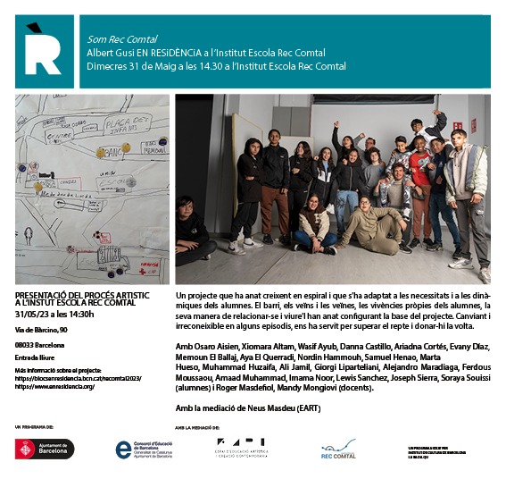 ExperimentemART's tweet photo. 📆31 maig 14:30 h Institut Escola Rec Comptal
presentació: #EnResidència
📢Som Rec Comptal
@albertgusi, alumnes de IE Rec Comptal, #ExperimentemamblART
@bcncultura @consorciedubcn
#culturaiEducacuóBCN
#culturaieducació #TrinitatVella
+ info
https://t.co/YpfLQnOMwn https://t.co/OWiGrdlmoh