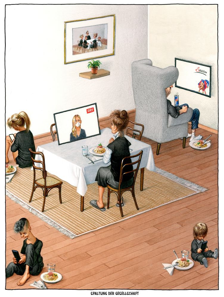 Gerhard Haderer, ‚Spaltung der Gesellschaft‘, 2022.