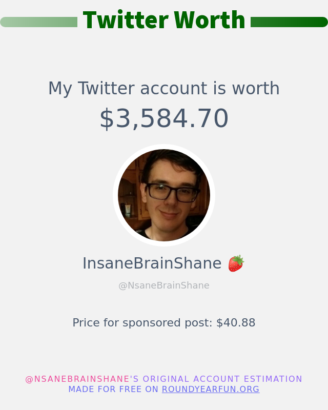 NsaneBrainShane's tweet photo. My Twitter worth is: $3,584.70

➡️ https://t.co/GTiMjbZZBn https://t.co/UuFOa2Wx35