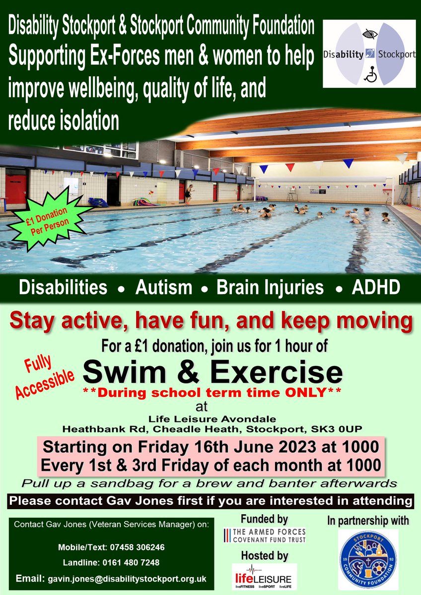 As part of our continued Active ex-forces programme due to being funded by the @CovenantTrust for a further 12 months. We are starting our fortnightly fully accessible swim & exercise on 16th Jun, in partnership with @SK_CommunityF @FiMTrust @JohnnyMercerUK @Cobseo @MVS_GM