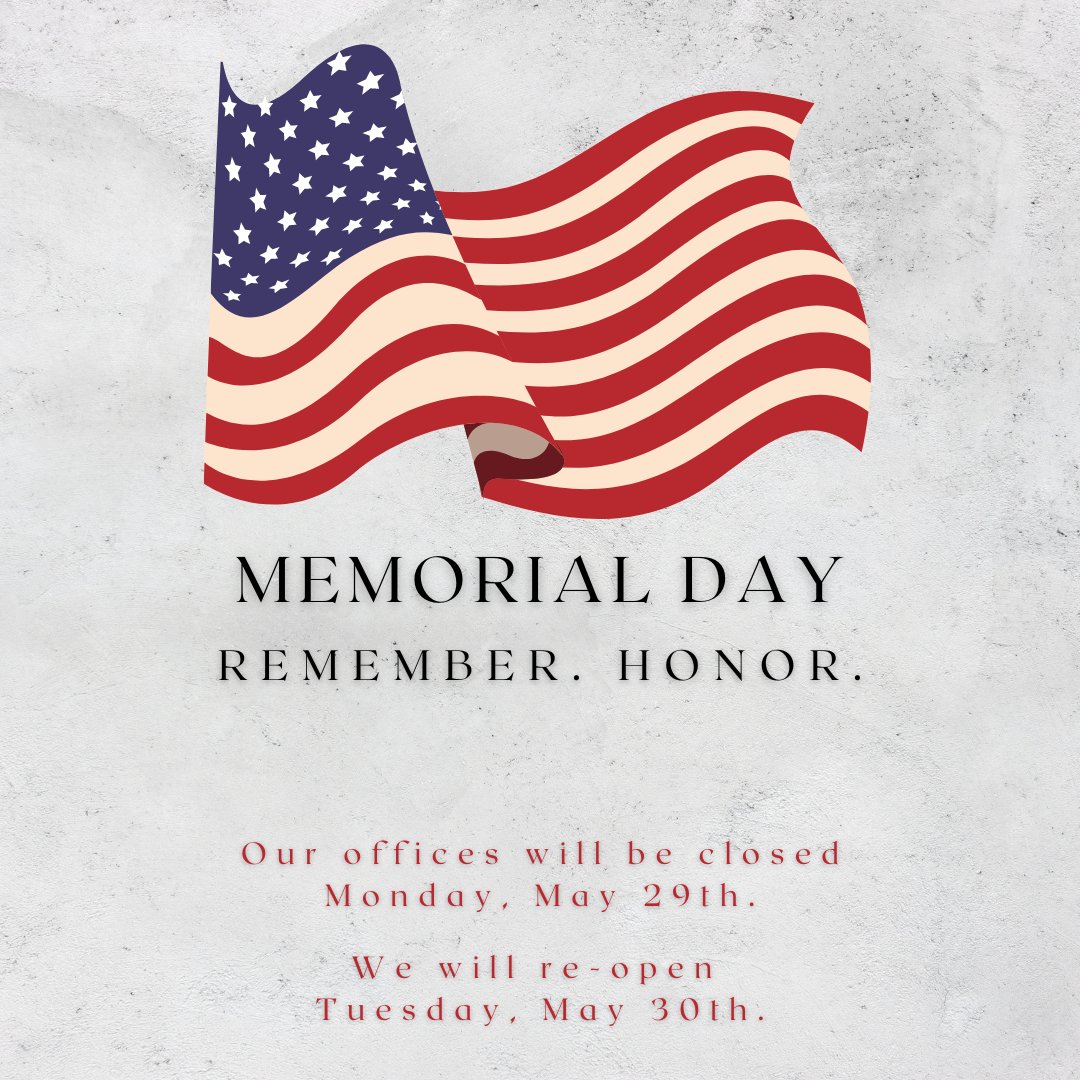 In observance of #MemorialDay2023, our main offices at 71st & Yale, Tulsa and in Sand Springs will be closed today, Monday, May 29th. We will reopen Tuesday, May 30th. #JustBeBrave #JustBeHonored #JustBeRemembered #JustBeFree #JustBeSafe