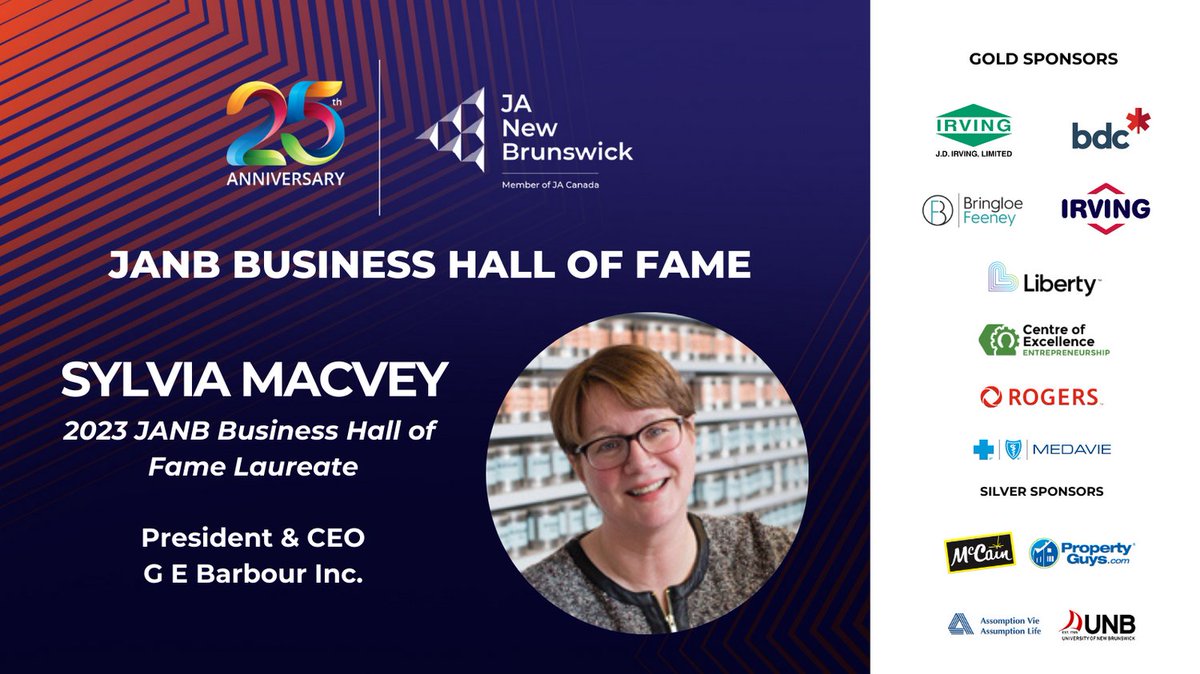 On November 1st, JA New Brunswick and our Gold & Silver Sponsors will celebrate the induction of Sylvia MacVey into the JA New Brunswick Business Hall of Fame! We look forward to celebrating Ms. MacVey, Mr. Corey & Mr. Lord! 🏅

#newbrunswick #nbproud #weareJANB