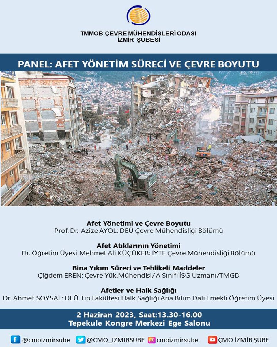 TMMOB Çevre Mühendisliği Odası İzmir Şubesi'nin düzenlediği 'Afet Yönetim Süreci ve Çevre Boyutu' adlı panelde, Dr. Öğr. Üyesi Mehmet Ali Küçüker, Afet Atık Yönetimi hakkında çalışmalarını dinleyicilere aktaracak. Panel bilgileri posterin altında yer almaktadır. #Afetyönetimi