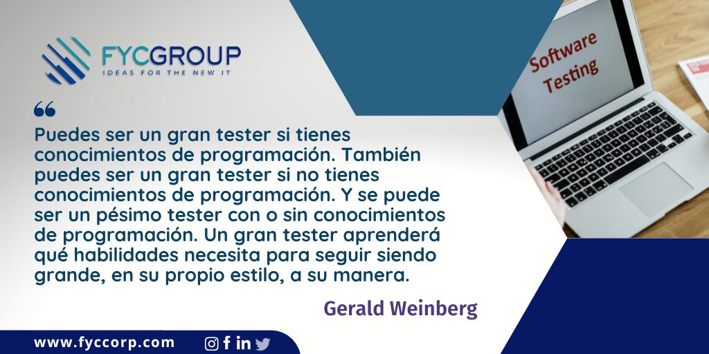 fycgroup's tweet image. 👏¡Feliz inicio de semana!⚙️🐞
#GeraldWeinberg #TestingQuotes #SoftwareBug #SoftwareTesters #SoftwareTesterLife #QAServices #QATester #TestAnalyst #TestingQuotes #QATesting #QA #SoftwareTestingEngineer #TestingSoftware #TestingdeSoftware #PruebasdeSoftware #CalidaddeSoftware