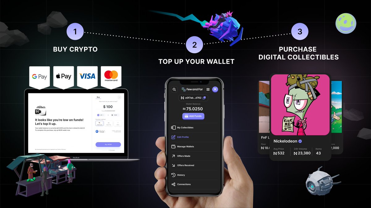 ⚖️💸 New fiat-to-digital collectible feature Tired of waiting for exchanges to verify you're not a robot and waiting days to get your crypto? Now you can top up your #NEAR wallet simply by using a credit card to buy NFTs instantly!! See it in action 👉 fewfar.com/nickelodeon-ca…