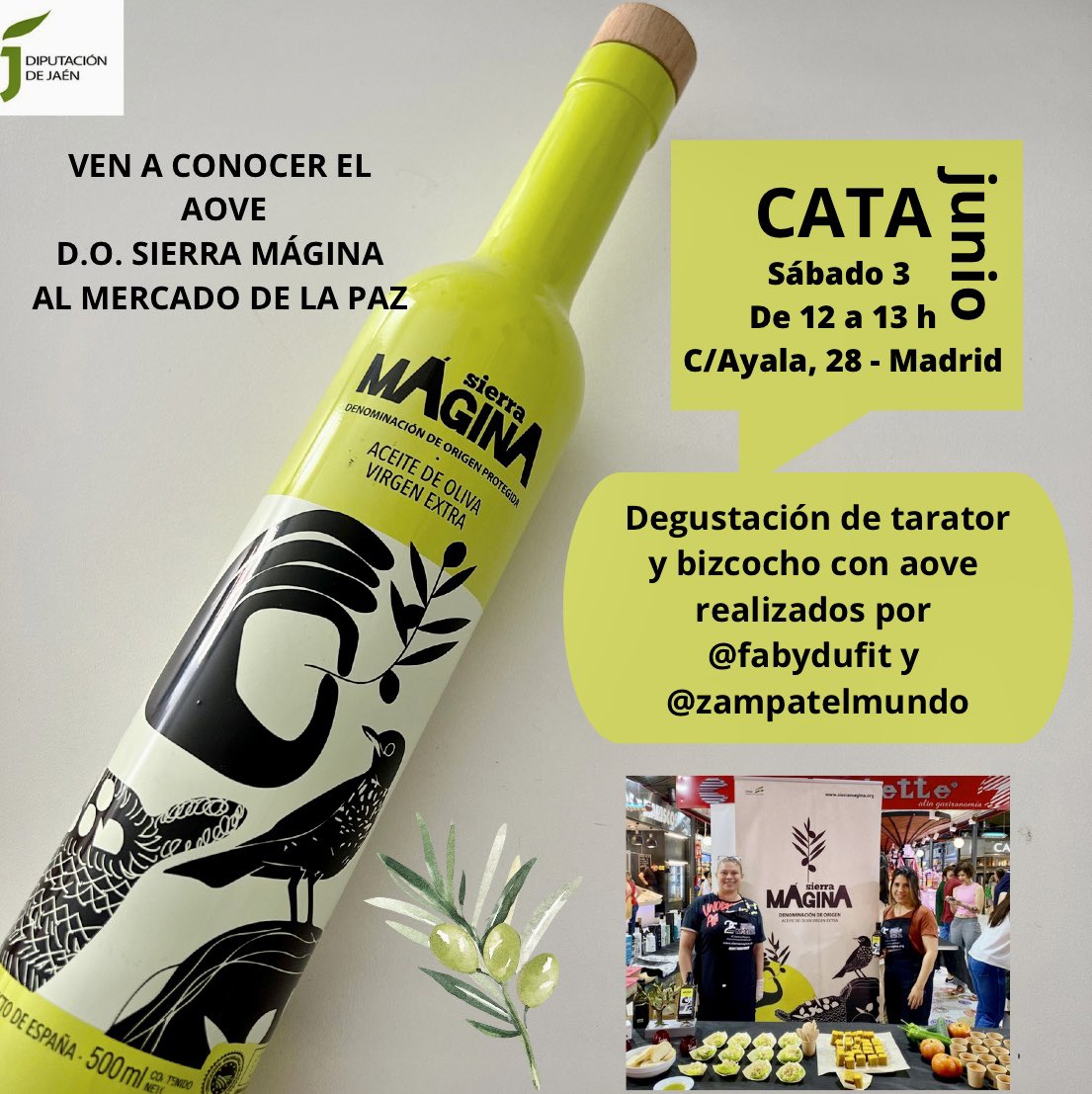 💚 Este próximo sábado 3 de junio os espero en el <a href="/MercadoDeLaPaz/">Mercado de  la Paz</a> junto a <a href="/FabyduFit/">FabyduFit</a> para catar tarator y bizcocho con #aove <a href="/DOSierraMagina/">D.O.P. Sierra Mágina</a> 

#Catas #Showcooking #Madrid #aceitedeolivavirgenextra