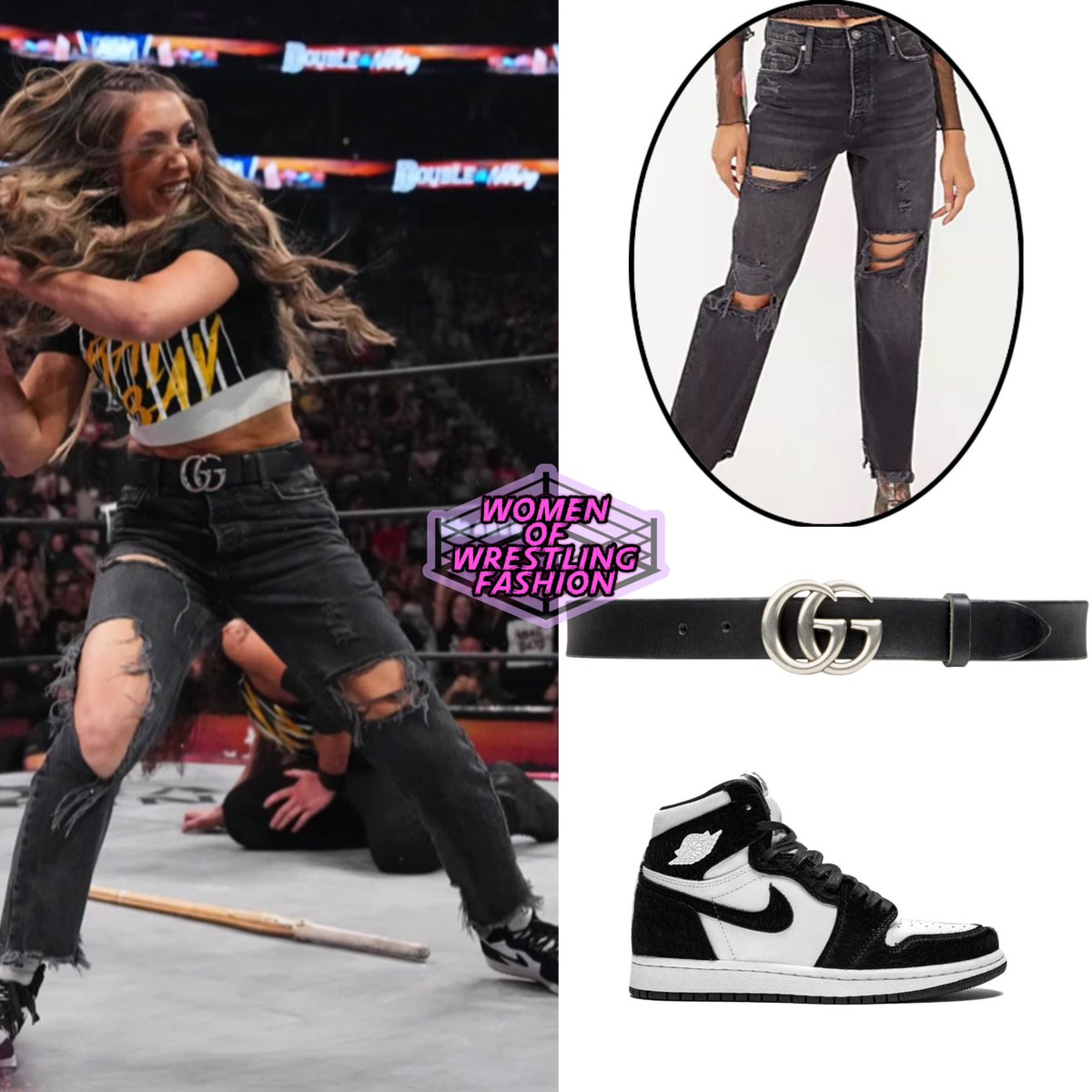 At #AEWDoN @RealBrittBaker wore the Tapered Baggy Boyfriend Jeans from @FreePeople (no longer sold), the Leather Belt with Double G Buckle from @Gucci ($490) and the Air Jordan 1 Retro High OG 'Panda' sneakers (prices vary)