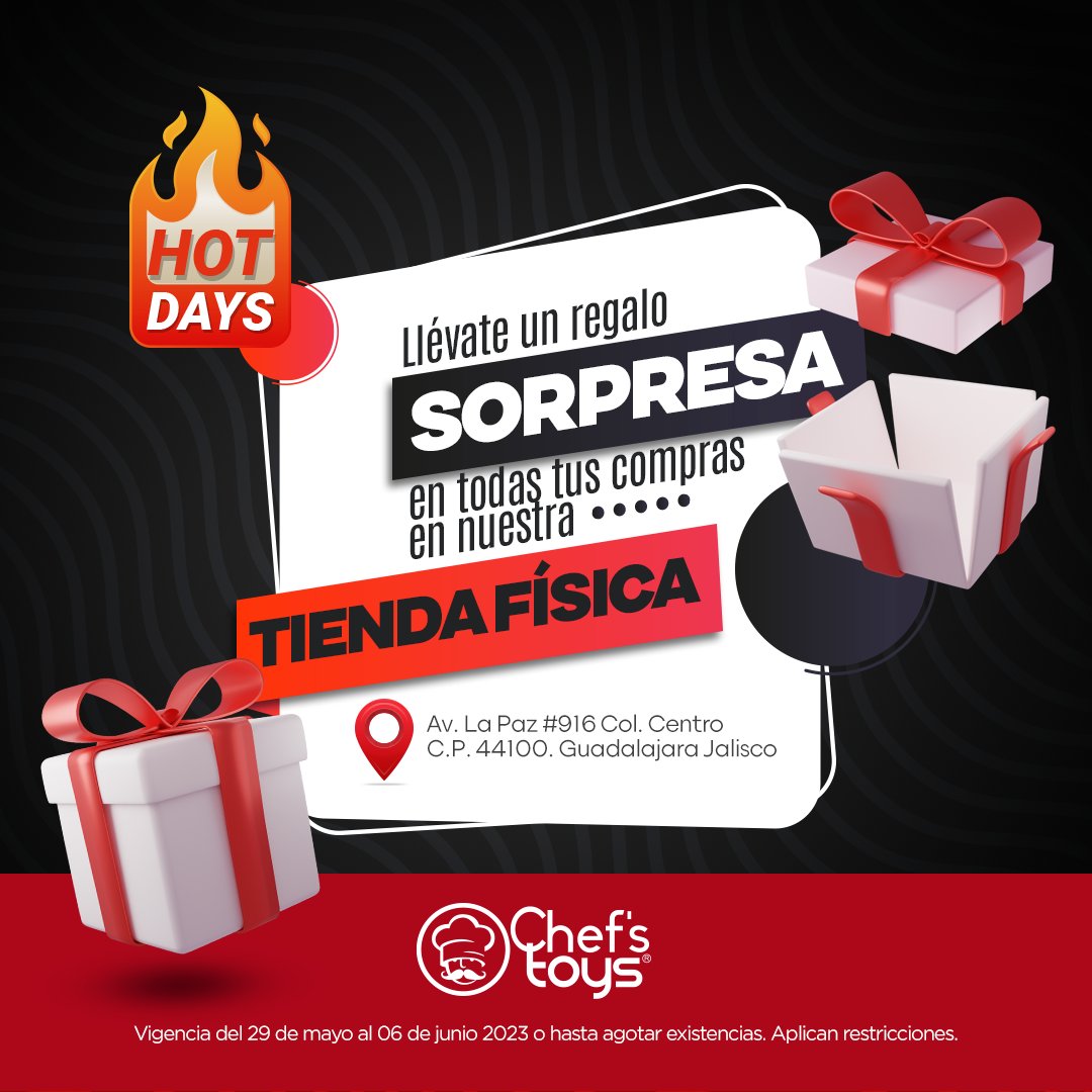 Chefstoysmx's tweet photo. ¡En Chef’s Toys tenemos una sorpresa para ti!🎁  Visítanos en nuestra sucursal durante los Hot Days y llévate un regalo sorpresa. Nos encontramos en 📍 Av. La Paz 916: Colonia Centro. C.P. 44100 Guadalajara, Jalisco.  

#chefstoys #todoparatucocina #equipos #promociones https://t.co/UkZ6rJLkmM