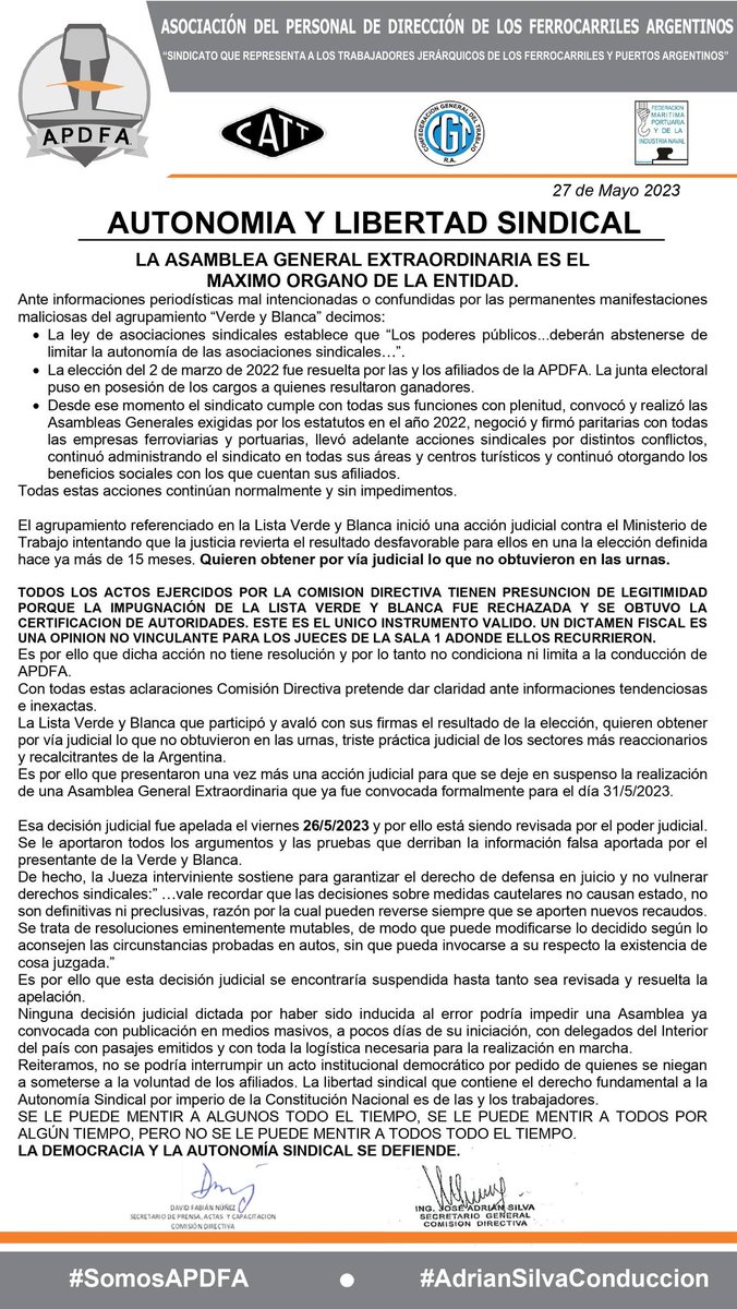 apdfanacional's tweet image. AUTONOMIA Y LIBERTAD SINDICAL
LA ASAMBLEA GENERAL EXTRAORDINARIA ES EL
MAXIMO ORGANO DE LA ENTIDAD.

#apdfa #gremio #sindicato #ferroviarios