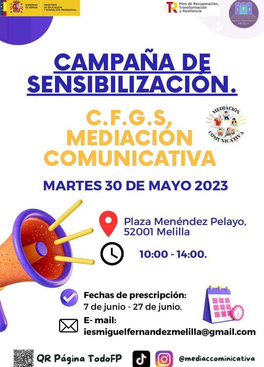 Os esperamos mañana de 10h a 14h en la plaza Menéndez Pelayo para la Campaña de Sensibilización organizada por el C.F.G.S en Mediación Comunitiva ¡no os la perdáis! #iesmiguelfernandez