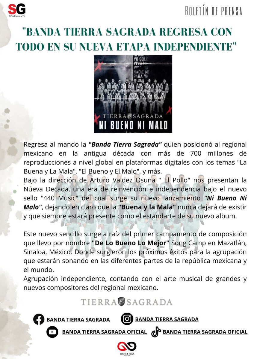Comienza una nueva etapa para <a href="/tierrasagrada1/">Banda Tierra Sagrada</a> #NiBuenoNiMalo ya disponible en las plataformas digitales, muy pronto tour de medios en CDMX <a href="/elpollots1/">EL POLLO TS1</a>