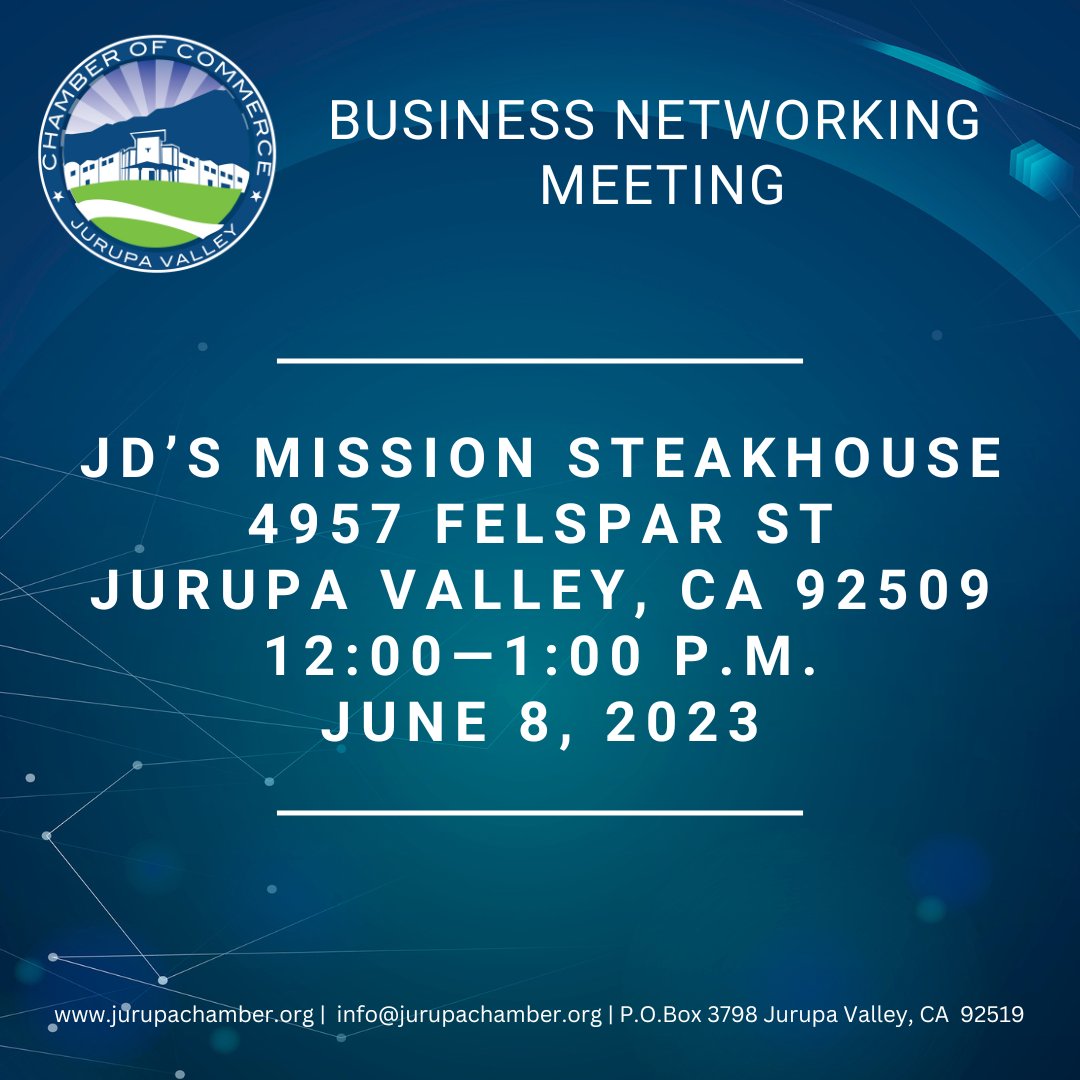 June 8, 2023 Business Networking Meeting

Join us for our next Business Networking Meeting on June 8, 2023 at noon. Enjoy lunch and connect with fellow Chamber members, generate leads, explore partnerships and expand your network.

t2m.io/JVCCBusMeeting