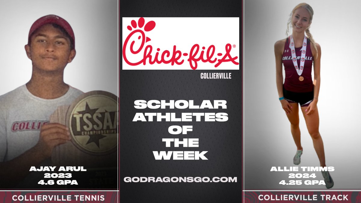 Collierville_AD's tweet photo. Congrats to our final Chick-fil-A Scholar Athletes of the Week for 2022-23:  Tennis' Ajay Arul helped defend a team state title and won a 2nd straight state championship in doubles. Track's Allie Timms brought home two medals at the state meet:  2nd in 4x400 and 6th in 4x800.  🇺🇸 https://t.co/lyfMOPgfh2