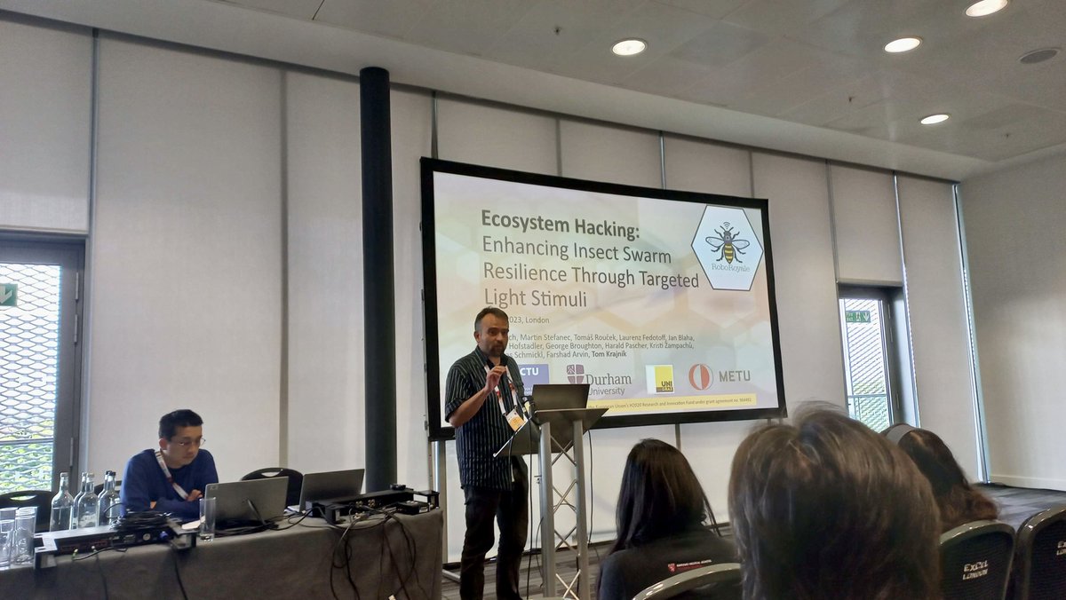 “Ecosystem Hacking: Enhancing Insect Swarm Resilience Through Targeted Light Stimuli” 🐝
Dr Tomas Krajnik, PI of <a href="/CVUTPraha/">ČVUT v Praze</a> team presents our <a href="/EU_RoboRoyale/">RoboRoyale</a> project at Bio-inspired, Biomimetics, and Biohybrid (Cyborg) Systems workshop <a href="/ieee_ras_icra/">IEEE ICRA</a>  

3bio2023.wordpress.com/ecosystem-hack…