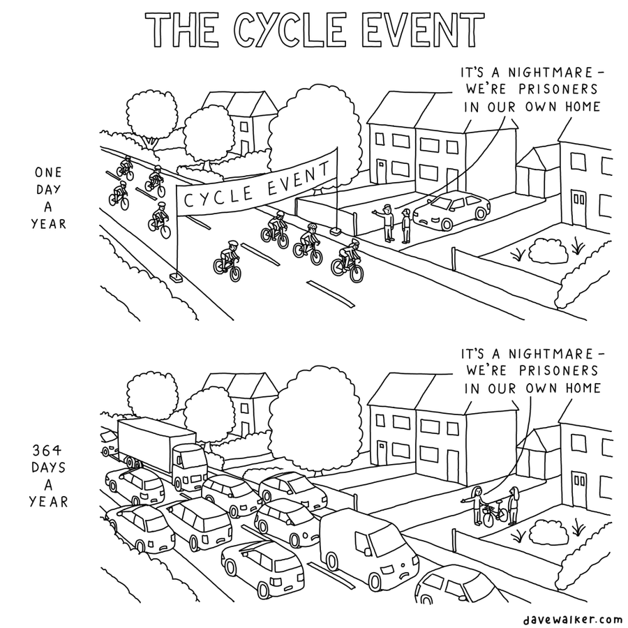 #Motonormativity: the double standards we apply to the car-dominated status quo in the face of potential change. (H/T: @ianwalker)

(Cartoon 'Bike Event' by @davewalker)