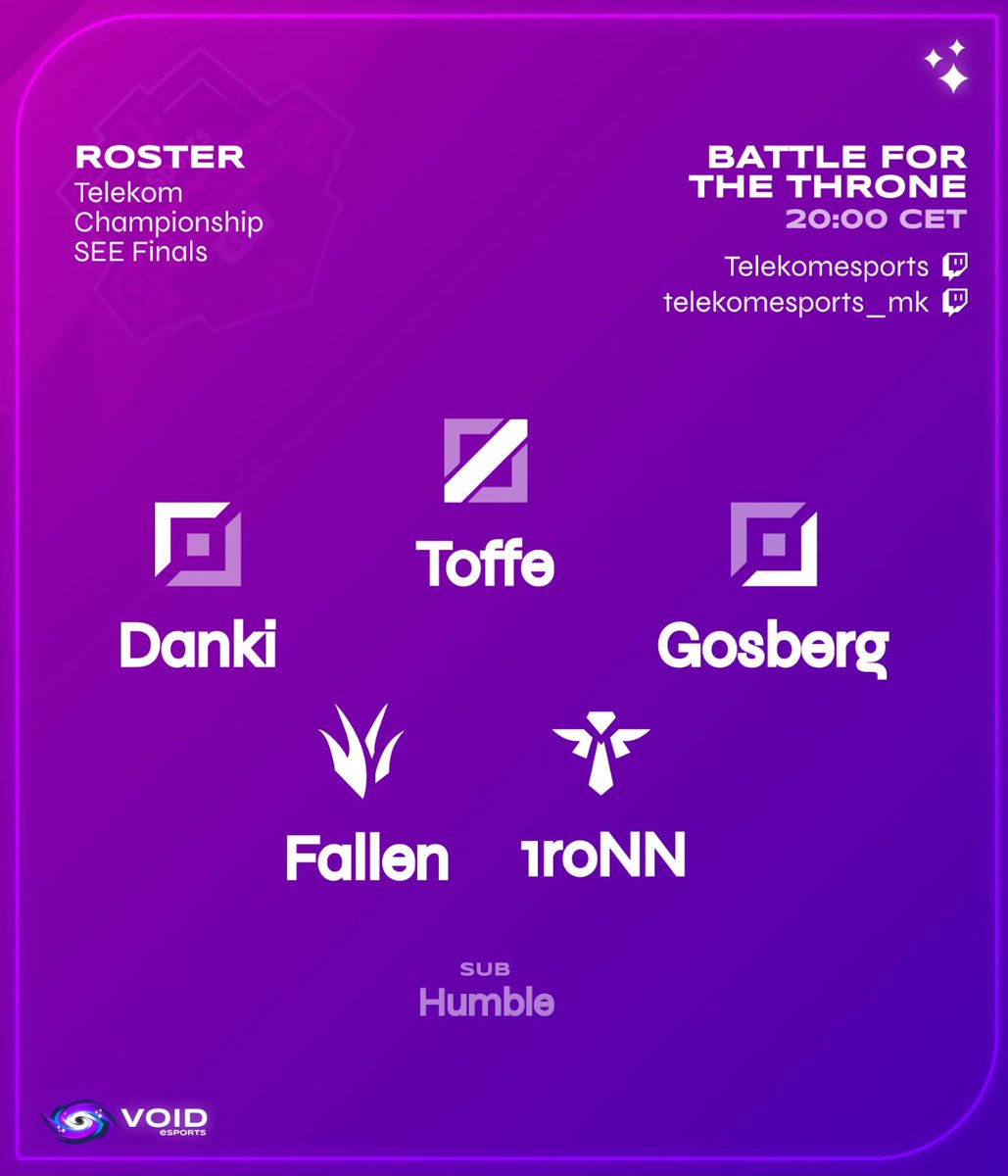 Вечерва со старт 20:00ч се гледаме на Twitch каналот на Телеком за влез во Големото Финале во Загреб!

Ростер: Top - Danki
Jungle - Fallen
Mid - Toffe
ADC - Gosberg
Support - IroN

twitch.tv/TelekomEsports ( Хрватски ) twitch.tv/TelekomeSports…  GL&amp;HF Summoners #НапредВоид