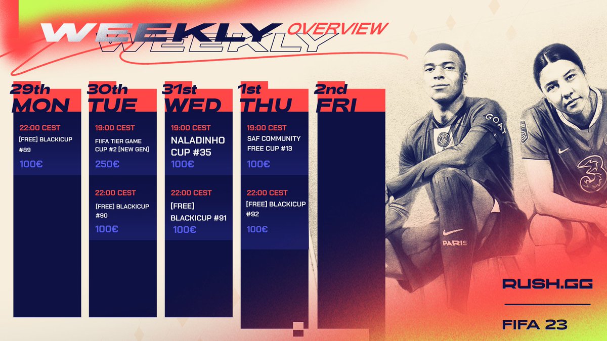 ⚽️ RISE UP, ATHLETES⚽️

We hope y'all aren't too relaxed, cause we have some work ready for you! whole bunch of tournaments this week and each tournament needs it's champion 💪

Do you have what it takes?

rush.gg/en/games/fifa-…