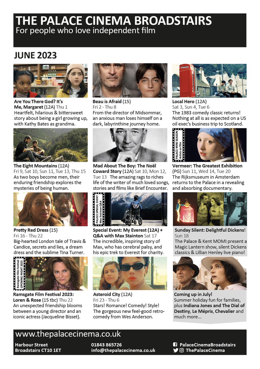 June at the Palace - see you soon!

Special events @MyEverestFilm #BroadstairsDickensFest @ramsiftvfest

Films @AsteroidCity @margaretmovie @BeauIsAfraidMov #LocalHero #TheEightMountains #MadAboutTheBoy #NoelCoward @artonscreen #Vermeer #PrettyRedDress

🎟 thepalacecinema.co.uk