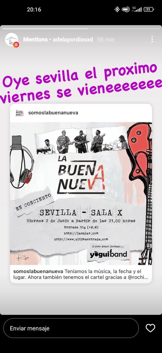 #Concierto a la vista. Viernes 2junio La <a href="/yoguiband/">yoguiband</a> grupo invitado a tocar en <a href="/SalaXSVQ/">Sala X</a> 
junto con nuestros amigos de @somoslabuenanueva  #LaBuenaNueva  Entradas aquí:  lasalax.com/eventos/la-bue…