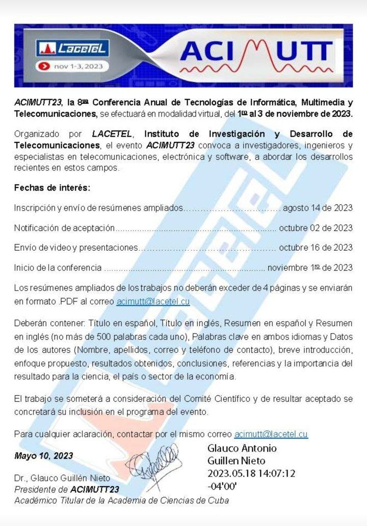 ACIMUTT_'s tweet photo. 📢Estamos de vuelta y con grandes noticias! 🎉 Anunciamos el lanzamiento de la convocatoria para #ACIMUTT23, nuestra 8va Conferencia Anual de Tecnologías de Informática, Multimedia y Telecomunicaciones. Únete a nosotros del 1 al 3 de noviembre de 2023 en modalidad virtual❗️ https://t.co/6Yy01LWo8s