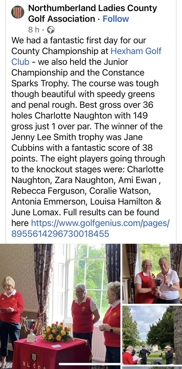 Congratulations to our Ladies Vice Captain Jane Cubbins on winning the “Jenny Lee Smith” trophy at Hexham Golf Club yesterday, and to Kate Cowan who finished as runner up. 🏆 well done ladies 👏👏👏