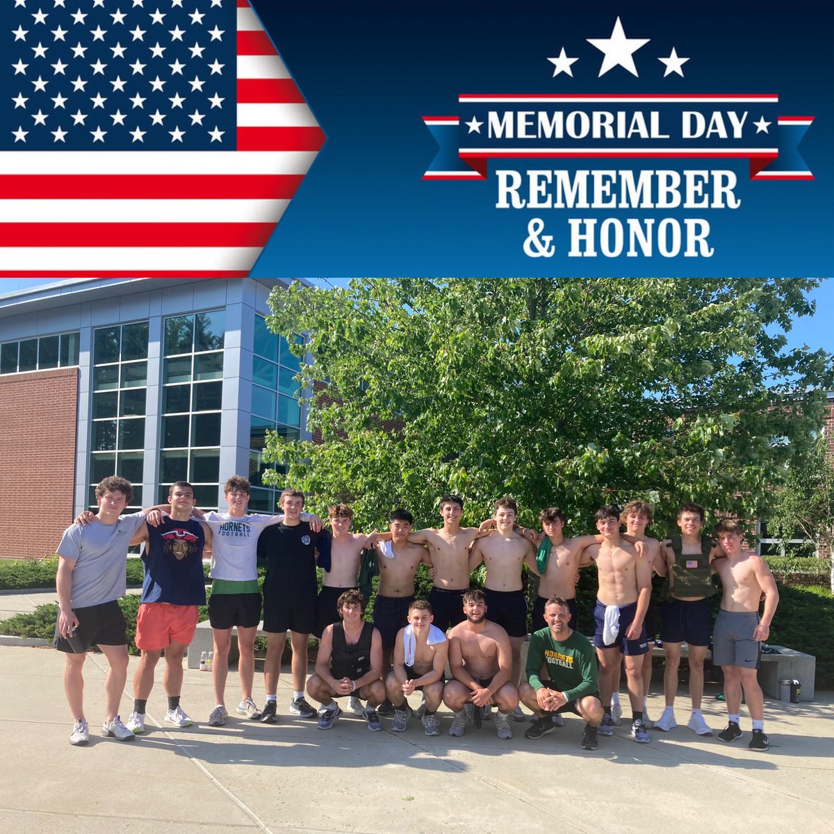 Happy Memorial Day from Hornets Football - For the second year, proud of all the players this morning that chose to complete the Murph Workout to honor the memories of those who have served in the armed forces and paid the ultimate sacrifice. #thankyou #remember #honor