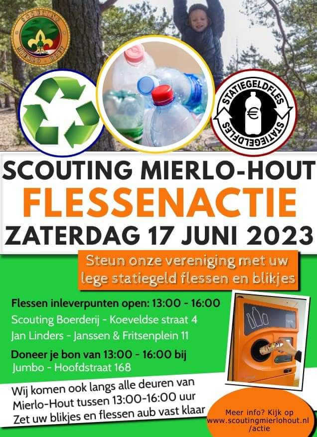 Scouting Mierlo-Hout 

Op 17 Juni houden ze een statiegeld flessen actie en komen ze langs de deuren van Mierlo-Hout. Steun de zomerkampen met uw lege statiegeld artikelen zodat ze een geweldig programma voor de kinderen kunnen organiseren! 

facebook.com/scoutingmierlo…

#zomerkamp