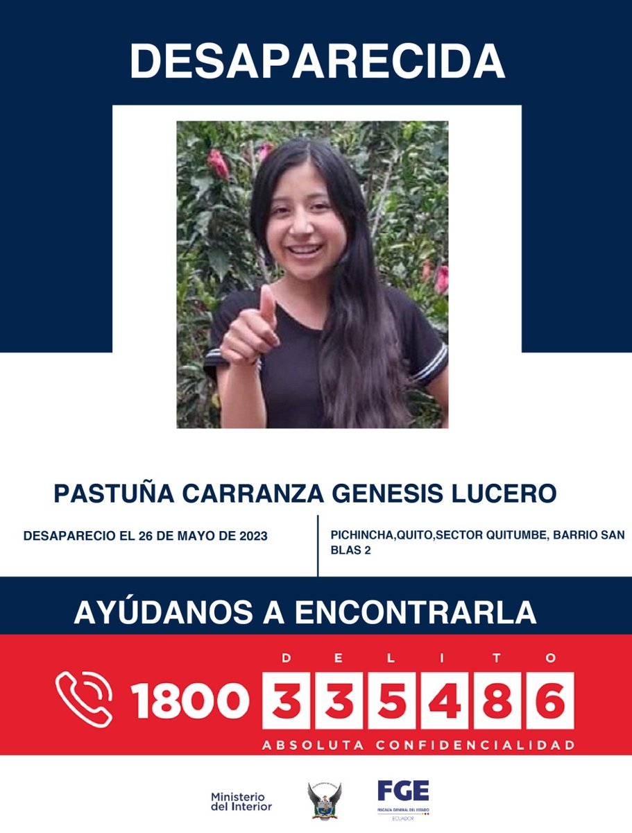 #rtrtvecuador #URGENTE Si tienes información sobre la ubicación de Génesis Lucero Pastuña Carranza, comunícate de inmediato con las autoridades. Desapareció el 26 de mayo en el sector de Quitumbe en el sur de Quito
#DesaparecidosEcuador