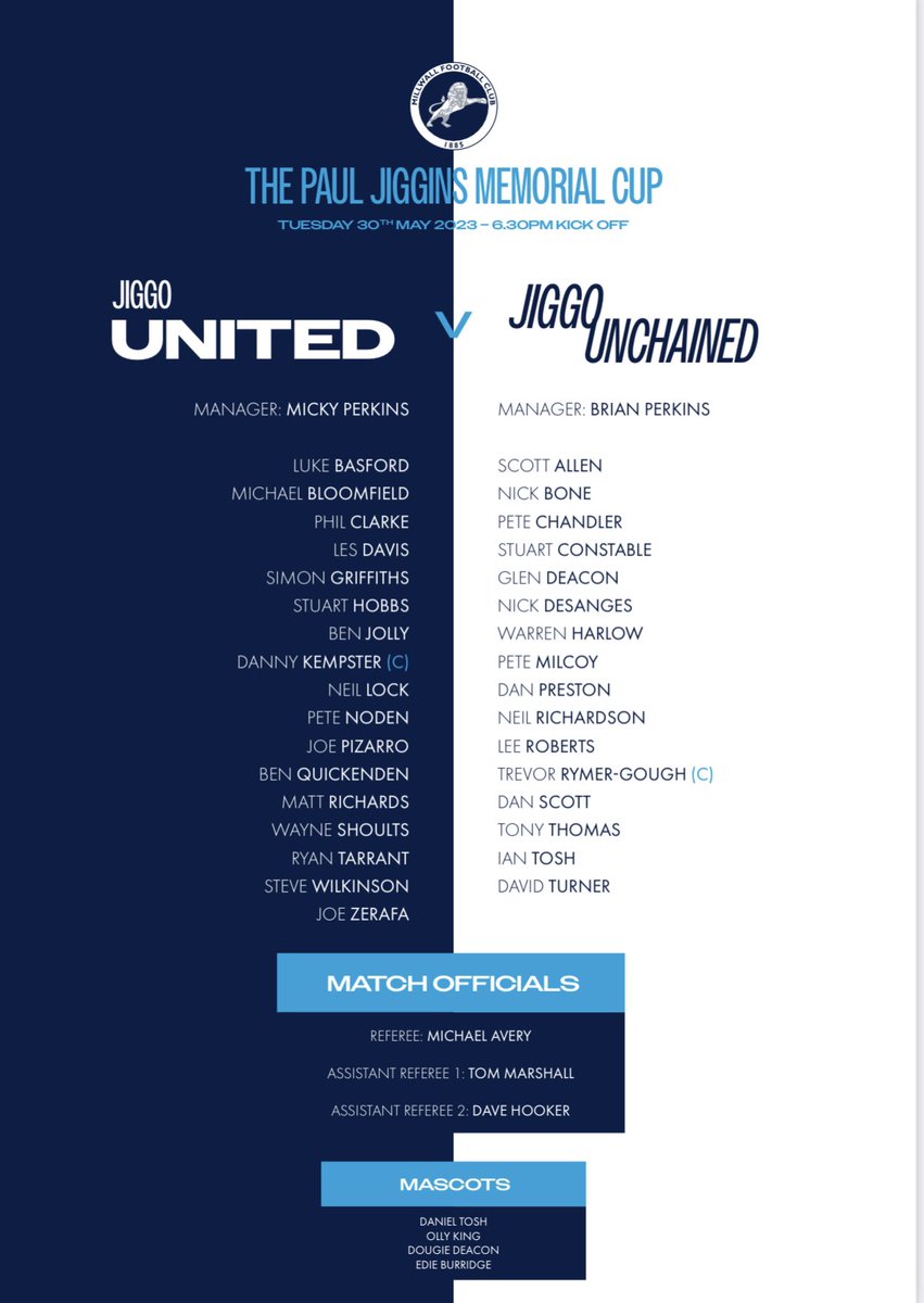 philclarke0170's tweet image. 🚨 PAUL JIGGINS MEMORIAL CUP 🚨
🗓️ TUESDAY 30th MAY 🗓️
⏲️ 6.30pm KICK OFF ⏲️
📍 THE DEN, SE16 📍
✅ FREE ENTRY ✅

➡️  Team sheet is now out! ⬅️

Please bring donations for the food hub 🙏