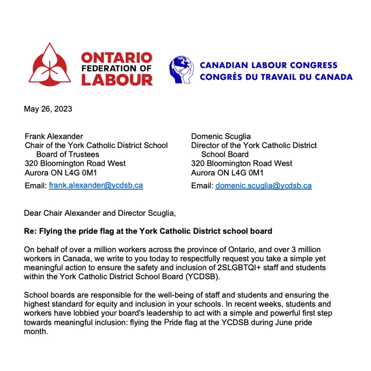 OECTAProv's tweet photo. #CatholicTeachers support @OFLabour &amp; @CanadianLabour's call for @YCDSB to fly the Pride flag in June!

It's time to act against rising homophobic &amp; transphobic hate. Flying the flag sends a powerful message that 2SLGBTQIA+ communities deserve to feel safe &amp; supported in #onted! https://t.co/EitQTonZWl
