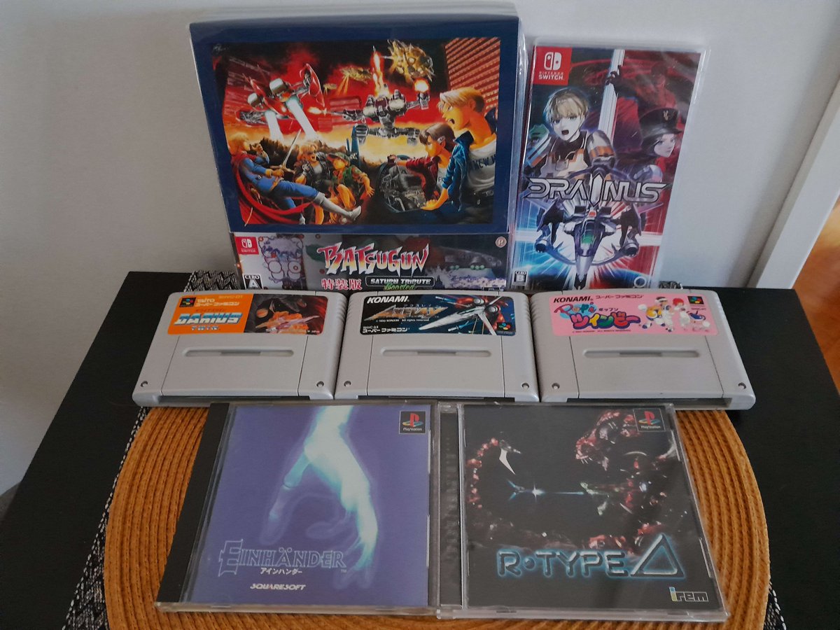 The last few days' new additions to the pew pew pew library! #Batsugun #Drainus #Axelay #Twinbee #DariusTwin #Rtype #Einhander #Shmup #NintendoSwitch #SFC #Playstation