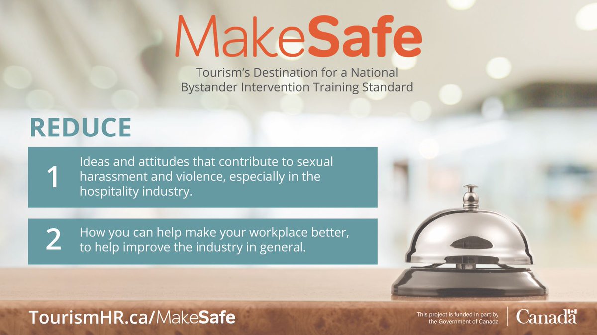 TIAC_AITC's tweet photo. #Makesafe workplaces with Emerit's Skills Make Safe course. Module 4: REDUCE tackles prevention of this behaviour from happening in the first place. Free for a limited time! Register at https://t.co/vnN43KKQAX.

#ZeroTolerance #TakeAction #PreventHarrassment @TourismHRCanada https://t.co/ibsF97IuLz