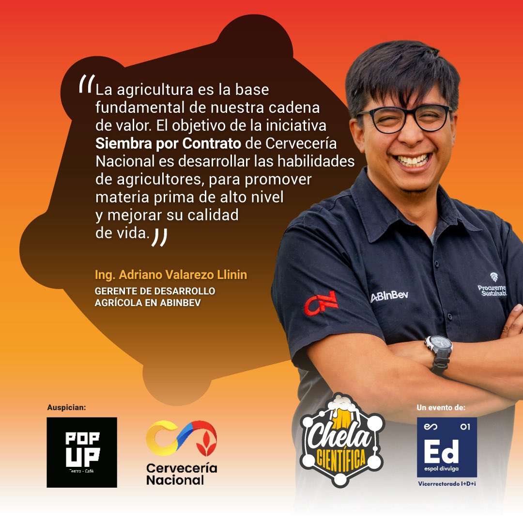 EspolDivulga's tweet photo. #ChelaCientífica 🍺
La agricultura es la base de nuestra alimentación ¿Cómo sostenerla para una población en crecimiento? 

@ValarezoAdriano nos hablará de la iniciativa “Siembra por contrato” de @abinbev @cervecerian 
¡Te esperamos mañana! 
🗓️30 mayo 
⏰20:00
📍@popupteatrocafe https://t.co/4Nbcz7SsDa
