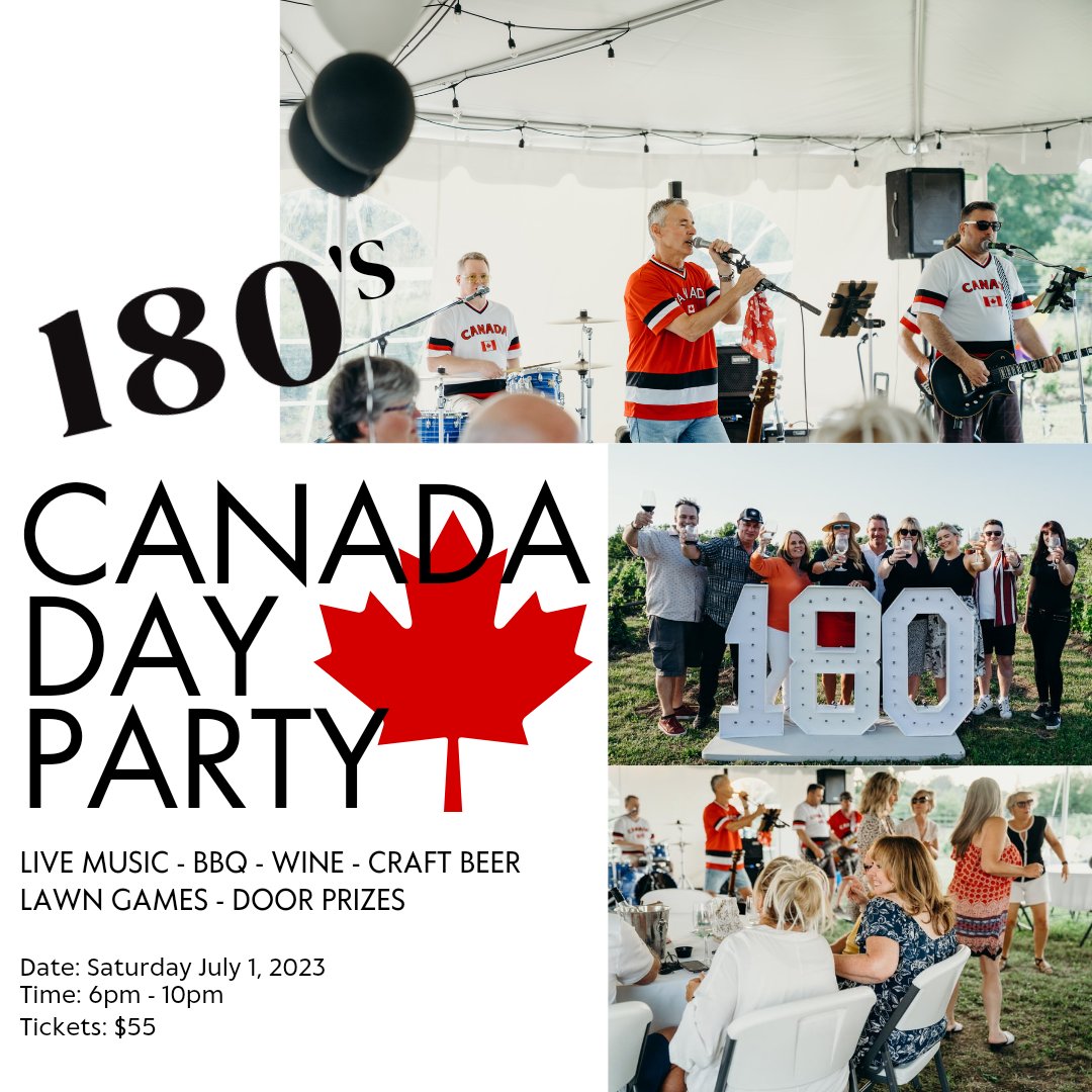 Celebrate Canada Day with us! 🇨🇦 

On Saturday July 1st from 6-10pm we'll have local rock band Forlorn Hope, an outdoor BBQ, our award-winning wines, Newark craft beer, lawn games, and door prizes.

Get tickets online:

180wines.ca/upcoming-event…