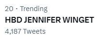trending at 20, keep tweeting. dont stop!

HBD JENNIFER WINGET