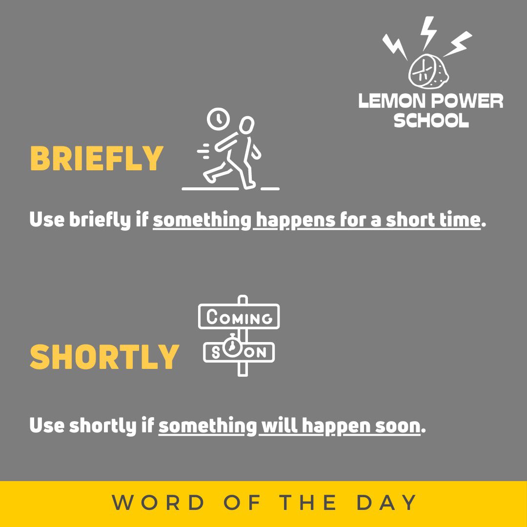 tlteducation's tweet image. 🍋🇬🇧 Nuestro #LemonTip de idioma de esta semana explica la diferencia entre estos dos adverbios en inglés que son muy parecidos pero... ¡tienen un significado bastante diferente! 🧐

#lemonpowerschool #englishlanguage #esl #eal #lemontips #briefly #shortly #englishadverbs