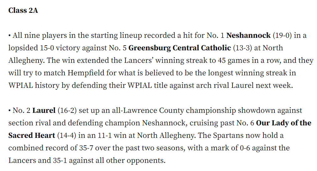 Some incredible numbers in this WPIAL softball preview story by <a href="/ThePUPNews/">Pittsburgh Union Progress 📰</a>'s <a href="/SteveRotstein/">Steve Rotstein</a>. Neshannock and Laurel really have cemented themselves as the best in WPIAL softball, regardless of classification. 🥵🥵

Story: unionprogress.com/2023/05/24/sof…
