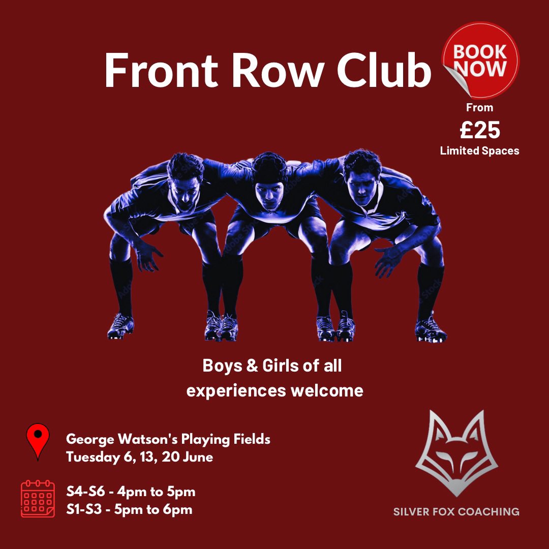 *CALLING ALL FRONT ROW PLAYERS*

We’ll be trialling our first ‘Front Row Club’ with the pupils at <a href="/GWC_News/">George Watson's College</a> <a href="/GWC_Sport/">Sport @ GWC</a> on Tuesdays 6, 13 &amp; 20 June 

silverfoxcoaching.com 🏉

Please share &amp; spread the word 

<a href="/happyeggshaped/">Happiness is Egg Shaped</a> 

#rugbyfrontrow #proplife #rugbyhooker #schoolsrugby