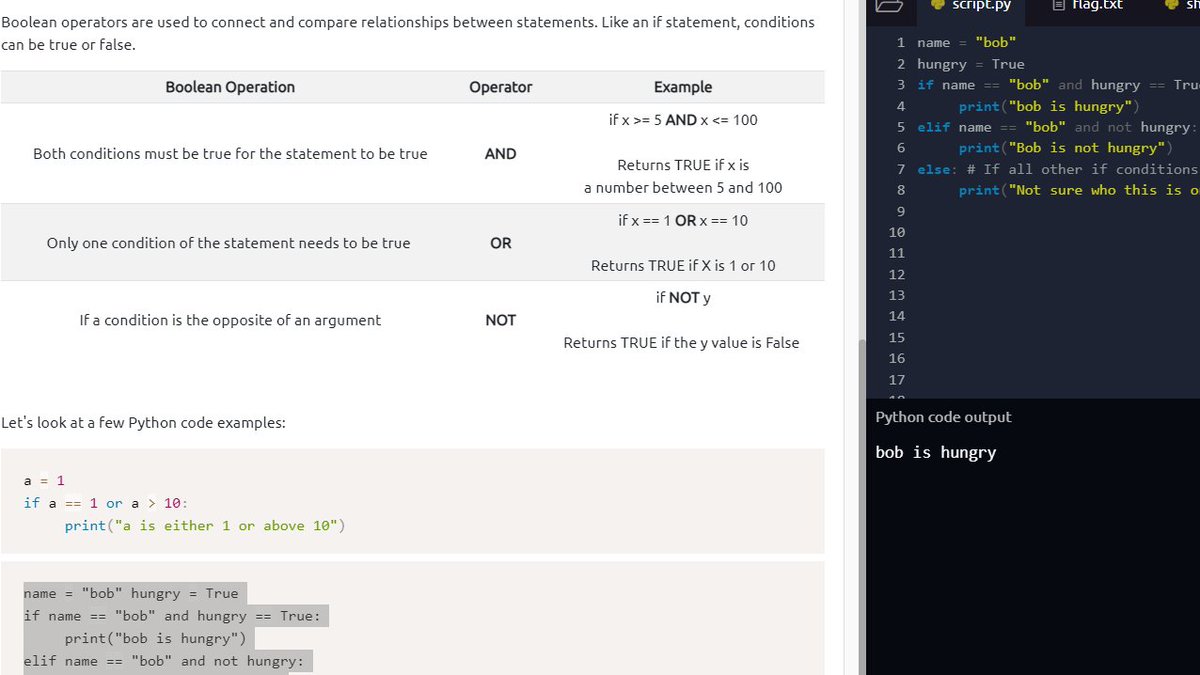 R4ck4tt4ck's tweet image. another QA breakdown on the Python module @RealTryHackMe  / theres a line break missing 😉
#Boolean #pythonprogramming #Python
