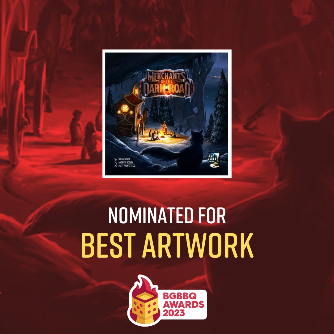 Congratulations to Merchants of the Dark Road for being nominated in the Best Artwork category in this year's Board Game BBQ Awards!​​​​​​​​

Designer: <a href="/suhreman/">Brian Suhre</a> 
Artist: <a href="/andybosley/">Andrew Bosley of Wits End</a>, Joey Julian, Matt Paquette &amp; Co.
Publisher: <a href="/elfcreekgames/">Elf Creek Games</a>