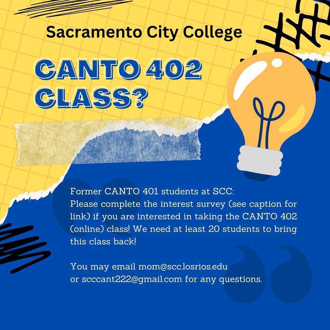 savecantonese's tweet photo. Attention all former CANTO 401 students from #SacramentoCommunityCollege!

If you are interested in taking the next class CANTO 402, please complete this interest survey! We need at least 20 interested students in order to bring this class back. https://t.co/bgbo4pmB0H