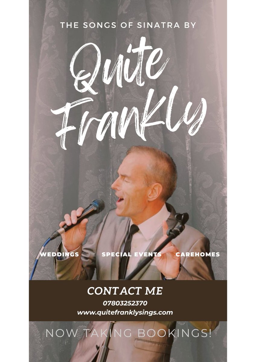 Now taking bookings for the second half of 2023. Continuing with my incredible low offer set price with extended time for Care Homes, Dementia Cafes & Charity events. I can travel. Contact me for further details. quitefranklysings.com #QuiteFrankly #weddingsinger
