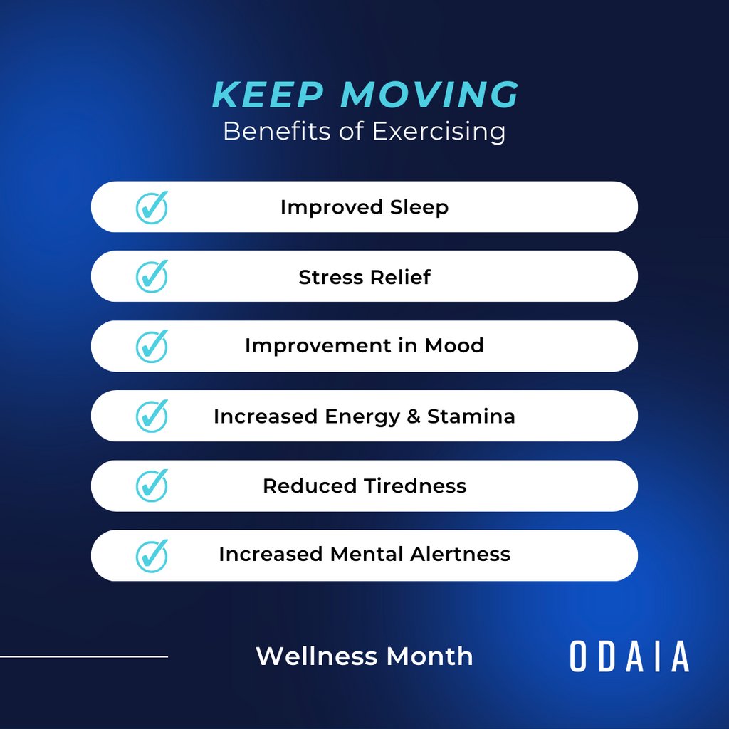 Approaching the end of #WellnessMonth, remember to aim for 30 mins #physicalactivity daily! Walk, bike, yoga - any fun activity! #Exercise benefits include improved #sleep, stress relief, mood, energy, stamina &amp; mental alertness. What's your favourite way to get moving?