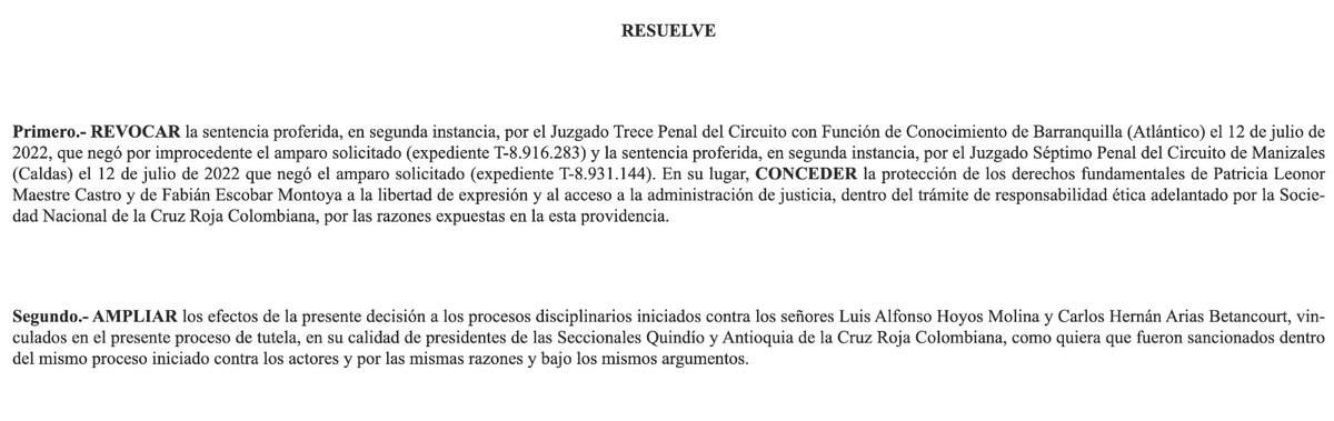 #PrimiciaW | Golpe de la Corte al comité de ética de la Cruz Roja: la @CConstitucional le ordena a la Cruz Roja Colombiana restituir en sus cargos a los presidentes de las seccionales de Quindío, Caldas, Antioquia y Atlántico.